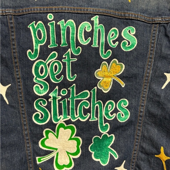 Hand Painted Jean Jacket: “Pinches Get Stitches”, St Patrick’s Day, Ladies XL - Picture 4 of 13